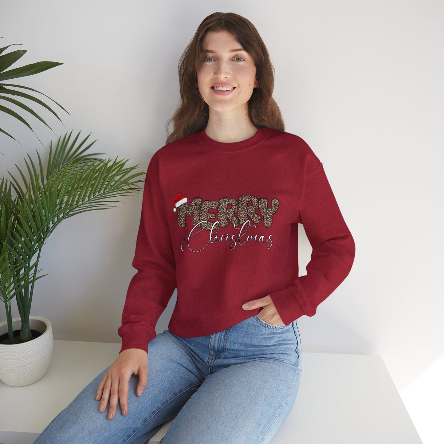 Crewneck Sweatshirt Cheetah Print Doodle Letter Merry Christmas