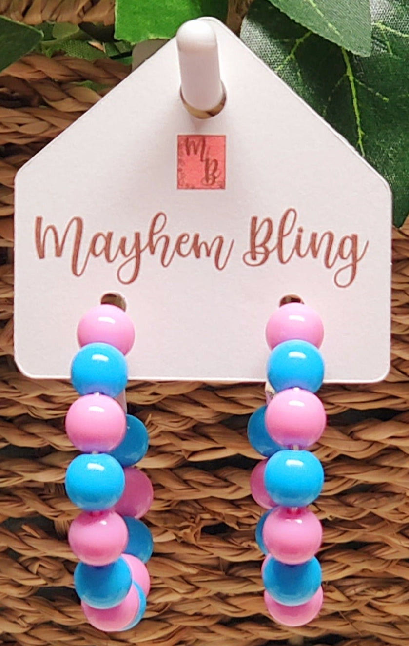Pink and Blue Acrylic Bead Hoop Earrings | Lightweight Statement Earrings | Hypoallergenic 1.5 Inch Hoops