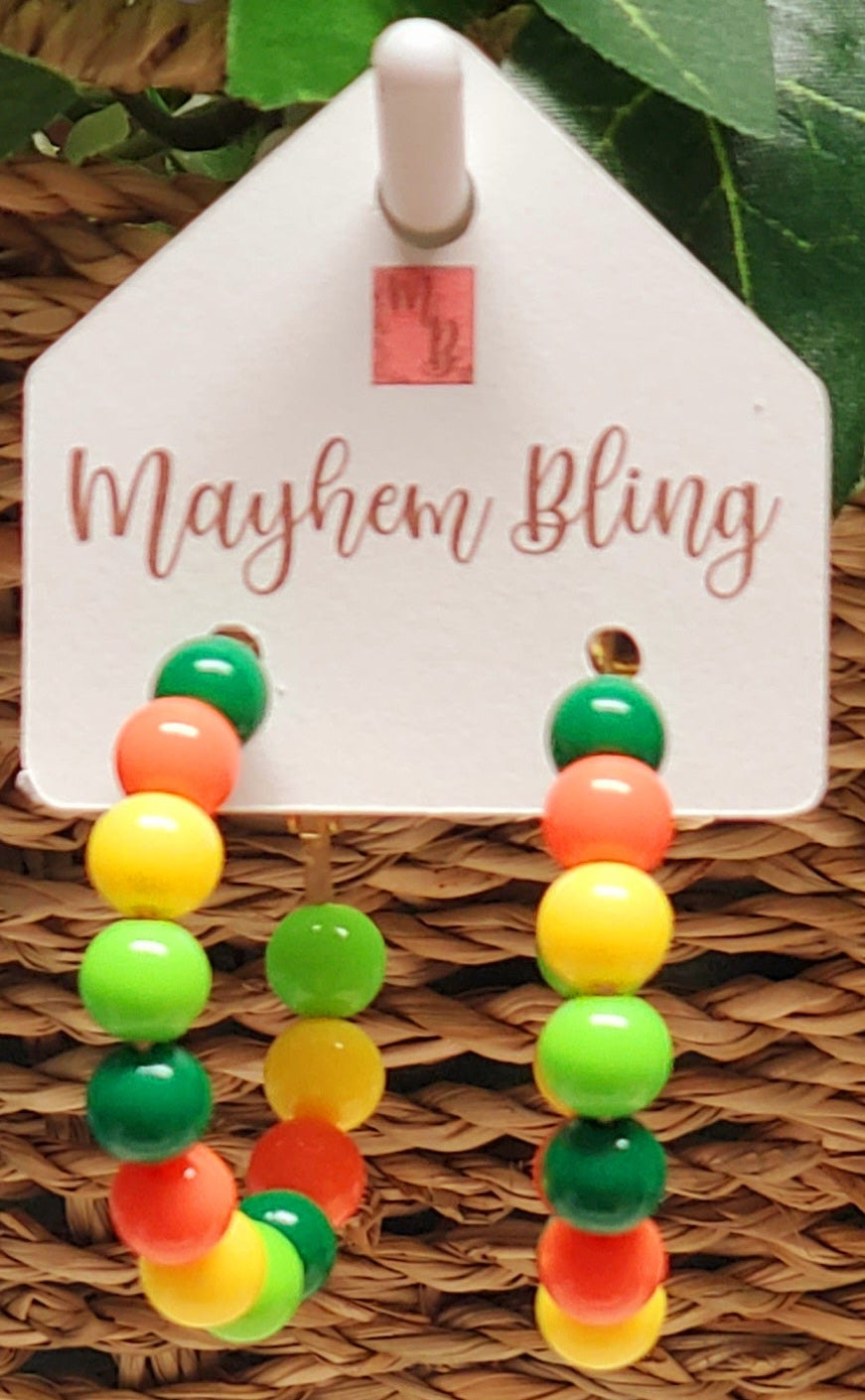 Yellow, Orange and Green Acrylic Bead Hoop Earrings | Lightweight Statement Earrings | Hypoallergenic 1.5 Inch Hoops