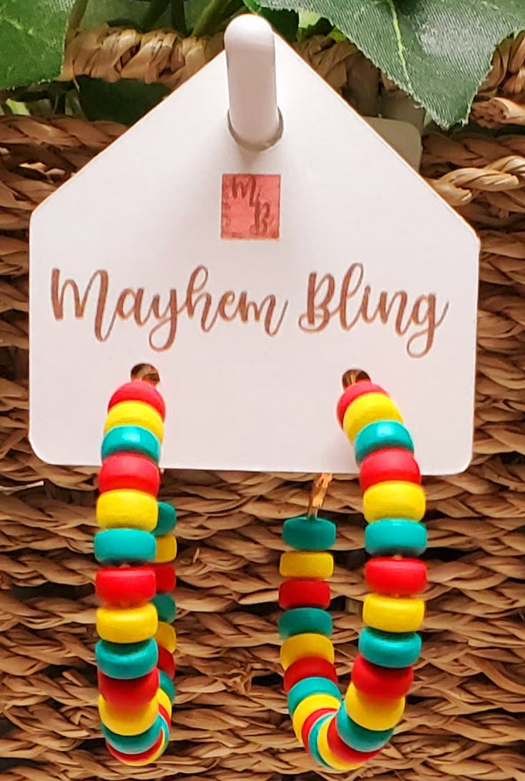 Red, Yellow and Green Clay Bead Hoop Earrings | Lightweight Statement Earrings | Hypoallergenic 1.5 Inch Hoops