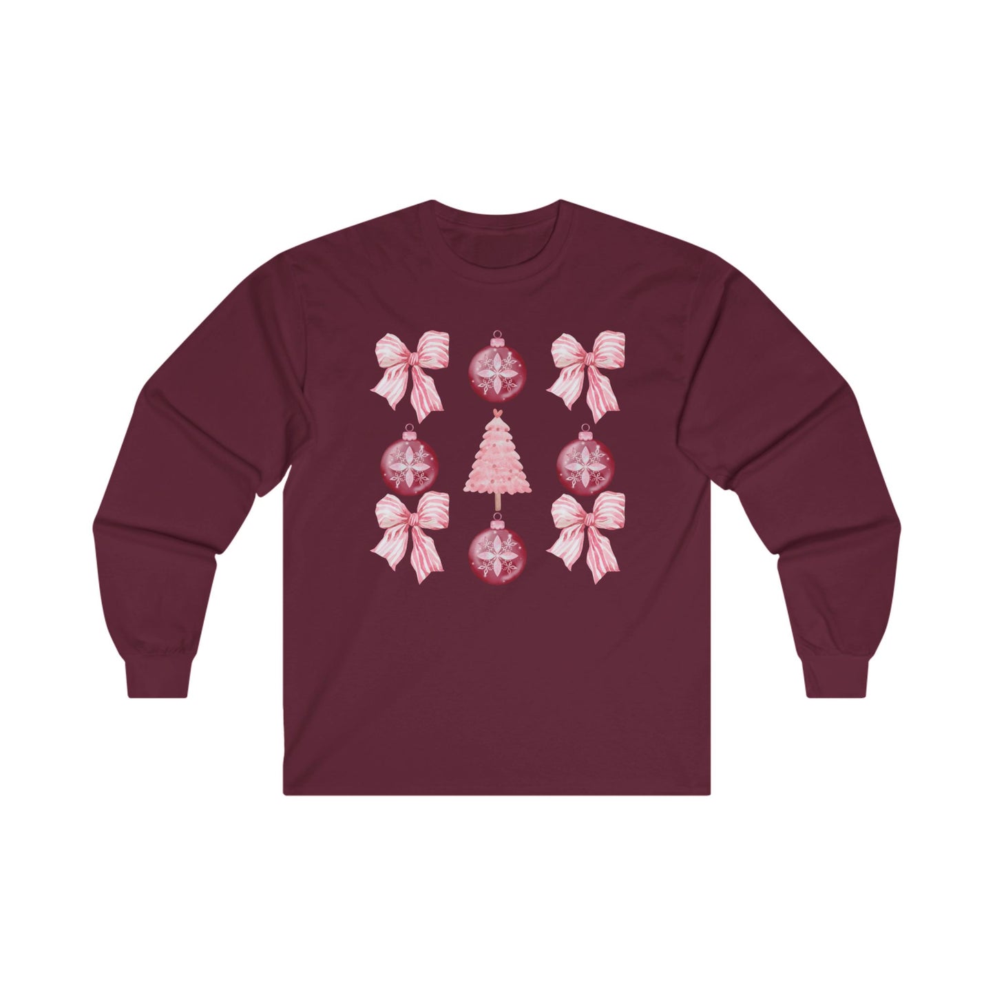 Long Sleeve Tee - Pink 3x3 Bow and Ornament Design