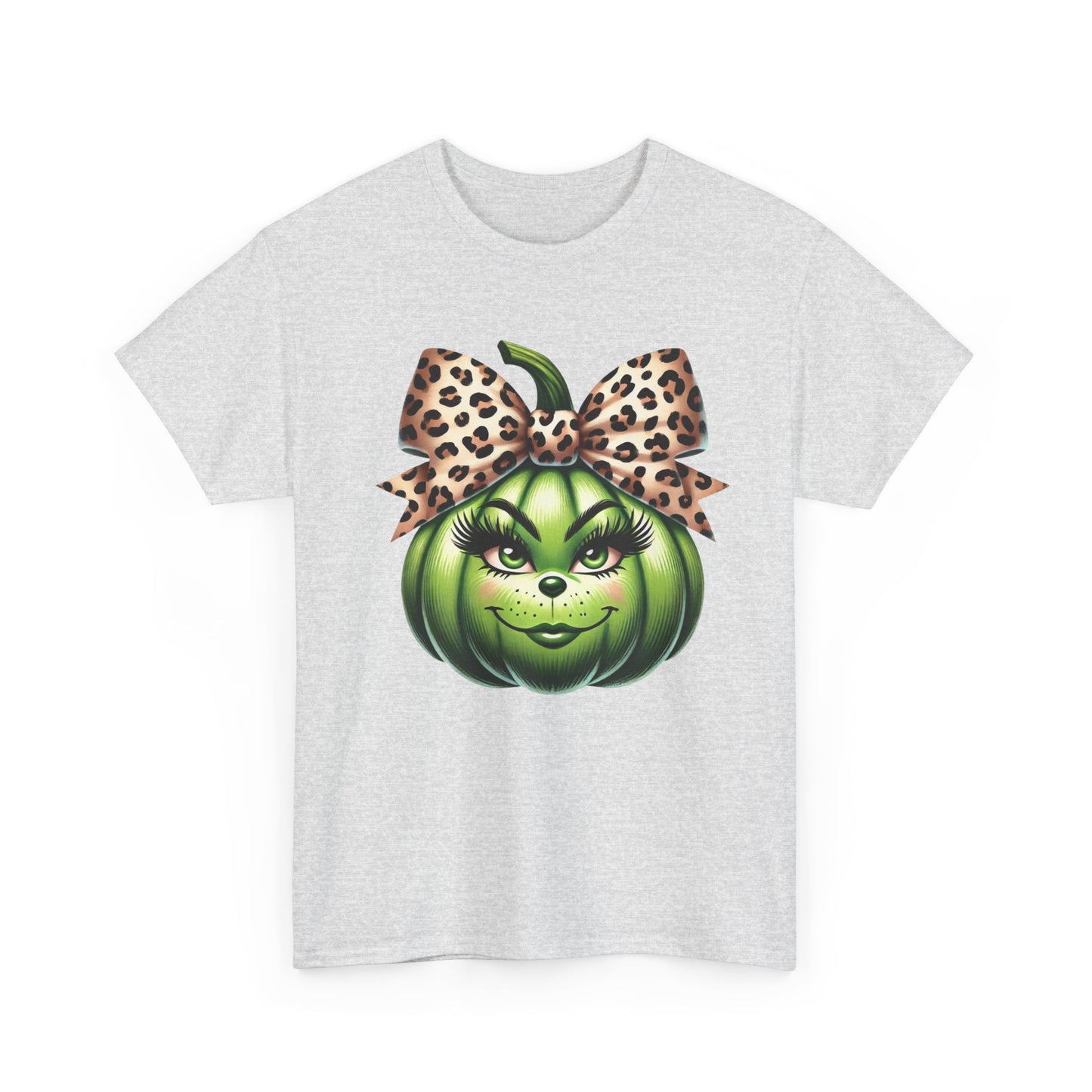 Unisex Heavy Cotton Tee - Feminine Grinch-like Pumpkin with Large Cheetah Print Bow Design