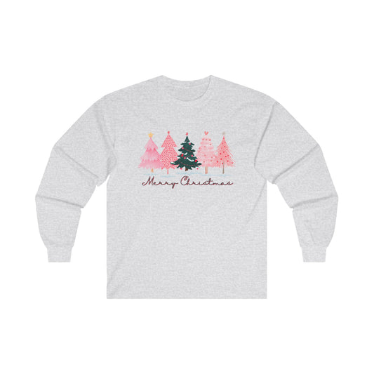 Long Sleeve Tee - Minimalist Pink Christmas Trees Merry Christmas Design