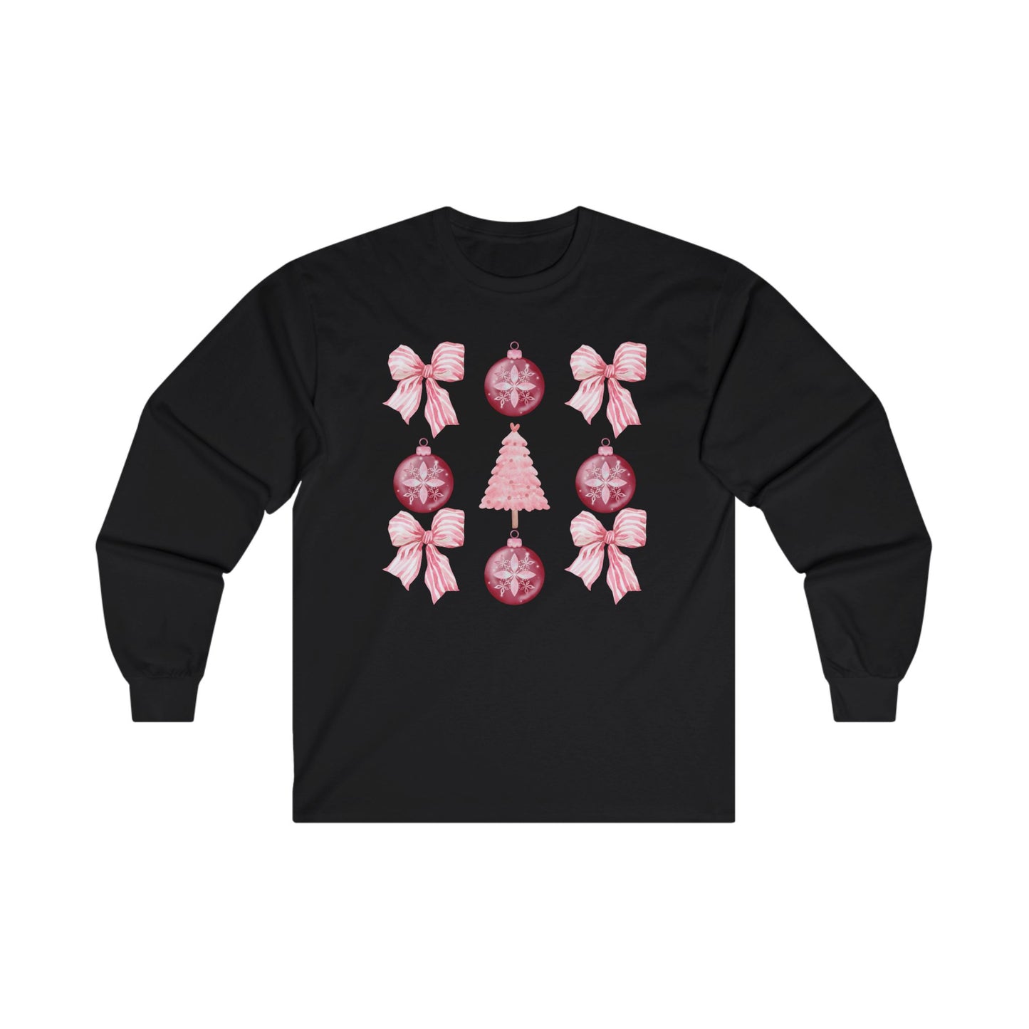 Long Sleeve Tee - Pink 3x3 Bow and Ornament Design