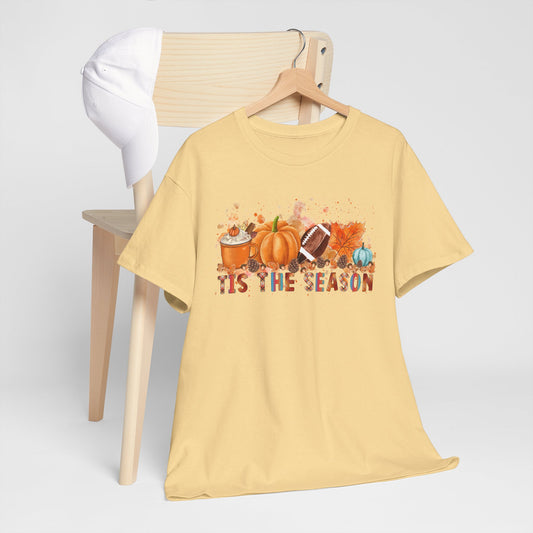 Fall Season Unisex Tee - Coffee, Pumpkins, Football Design