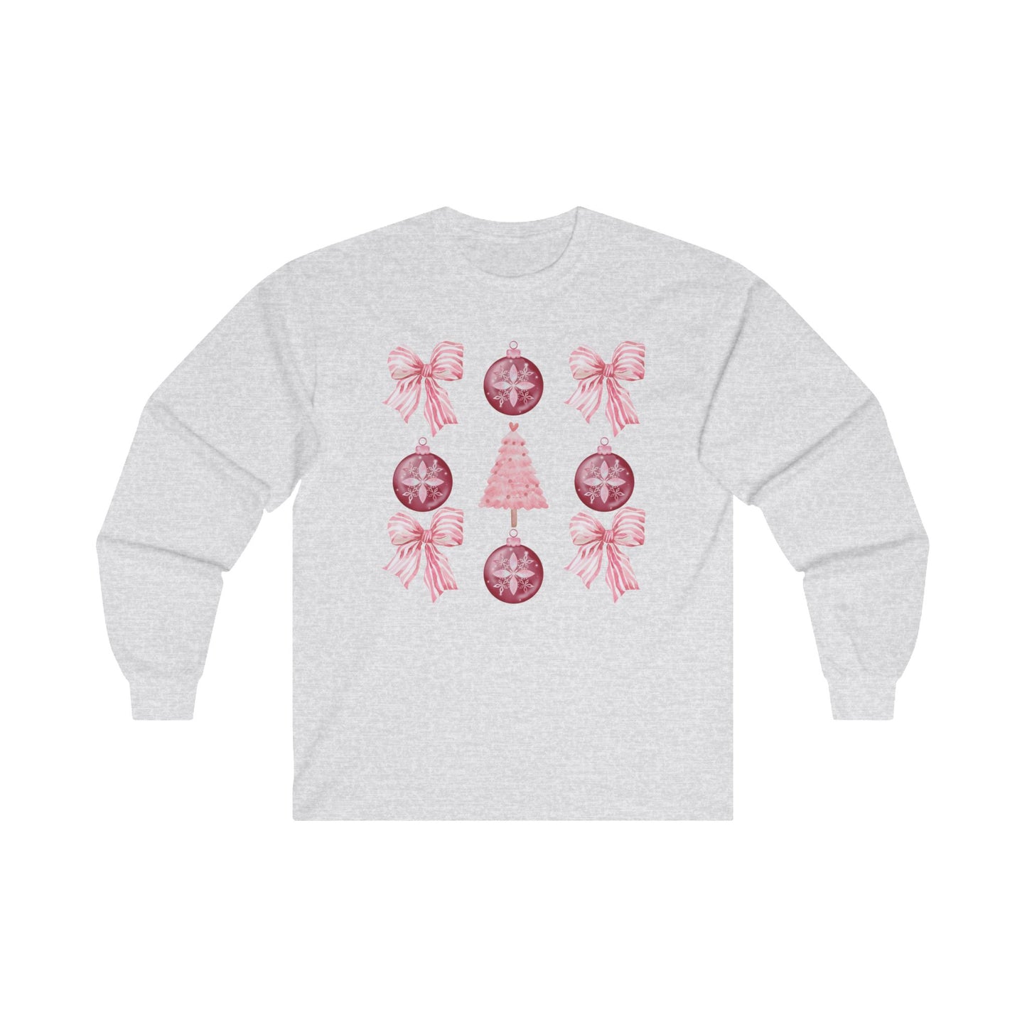 Long Sleeve Tee - Pink 3x3 Bow and Ornament Design