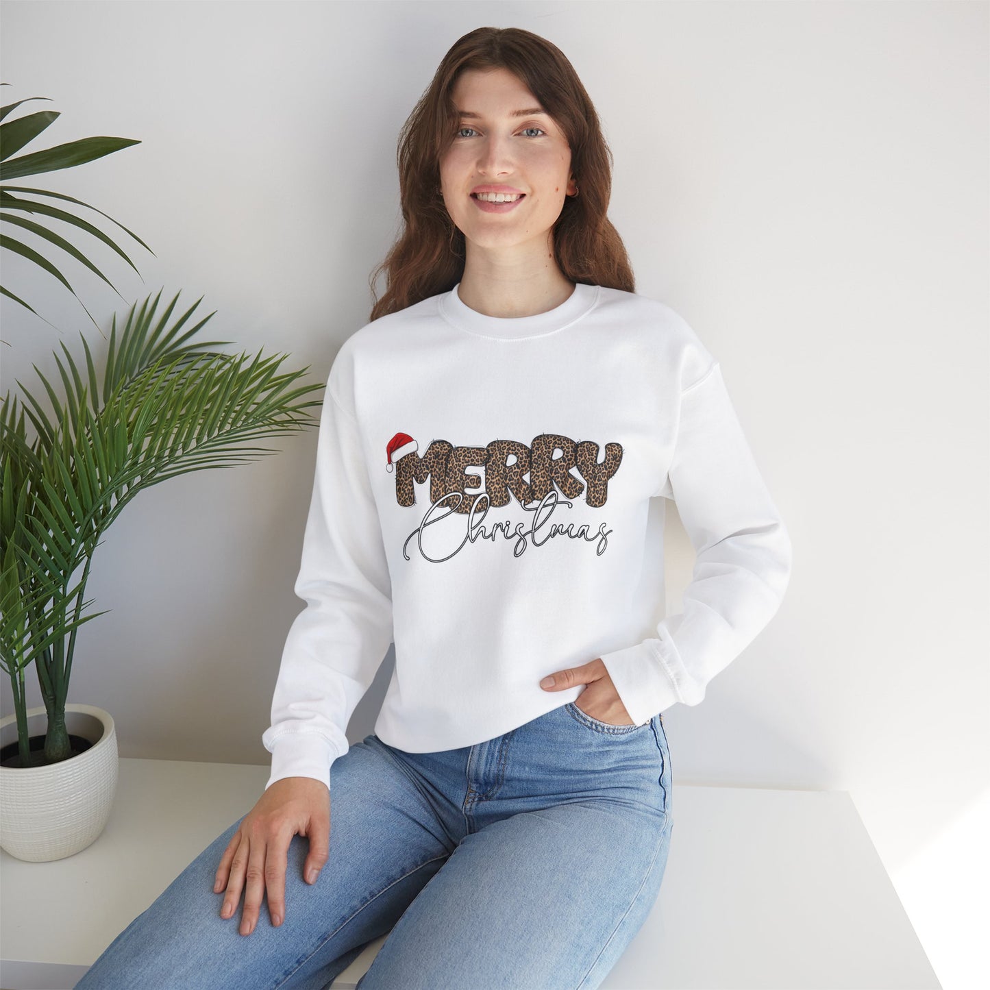 Crewneck Sweatshirt Cheetah Print Doodle Letter Merry Christmas