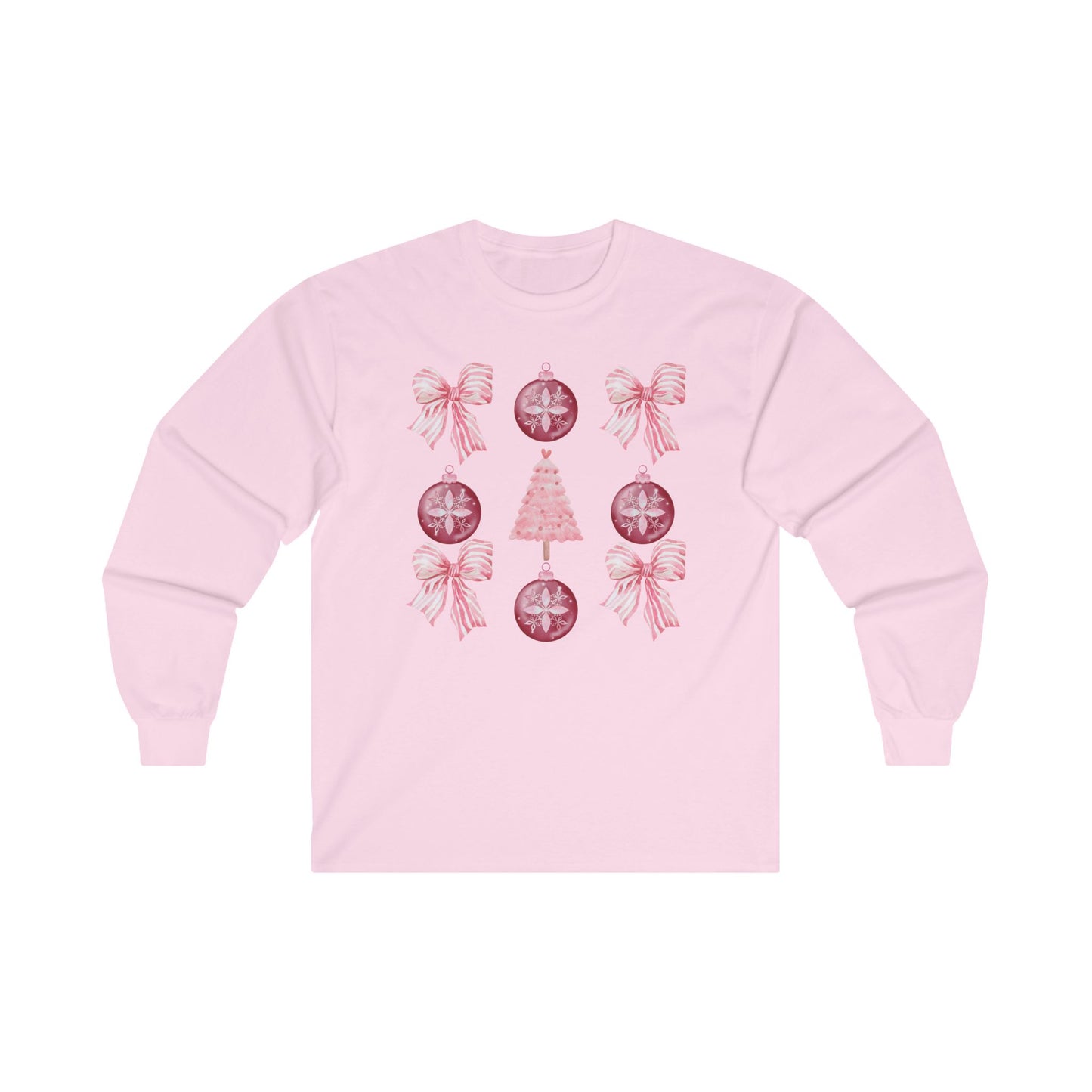 Long Sleeve Tee - Pink 3x3 Bow and Ornament Design