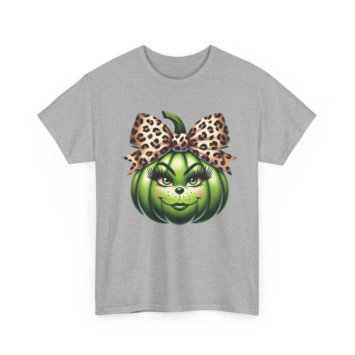 Unisex Heavy Cotton Tee - Feminine Grinch-like Pumpkin with Large Cheetah Print Bow Design