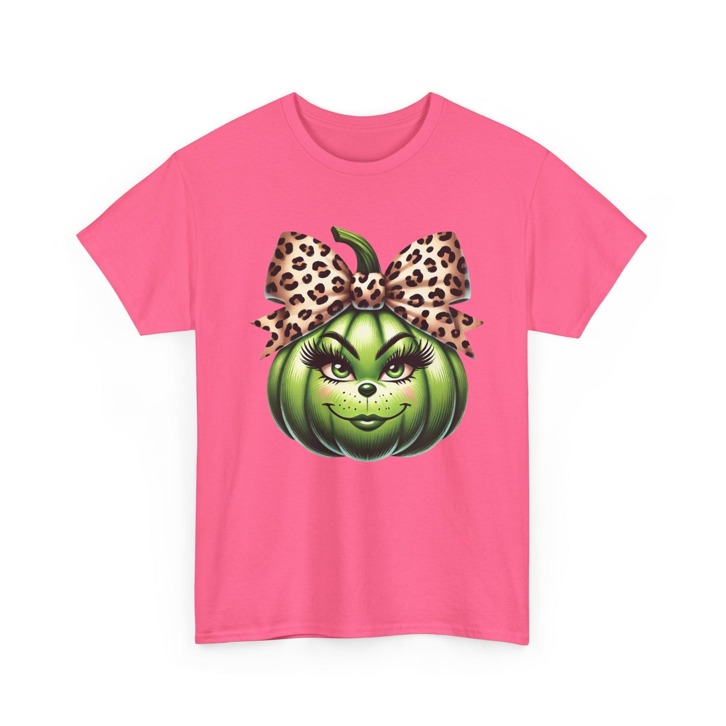 Unisex Heavy Cotton Tee - Feminine Grinch-like Pumpkin with Large Cheetah Print Bow Design