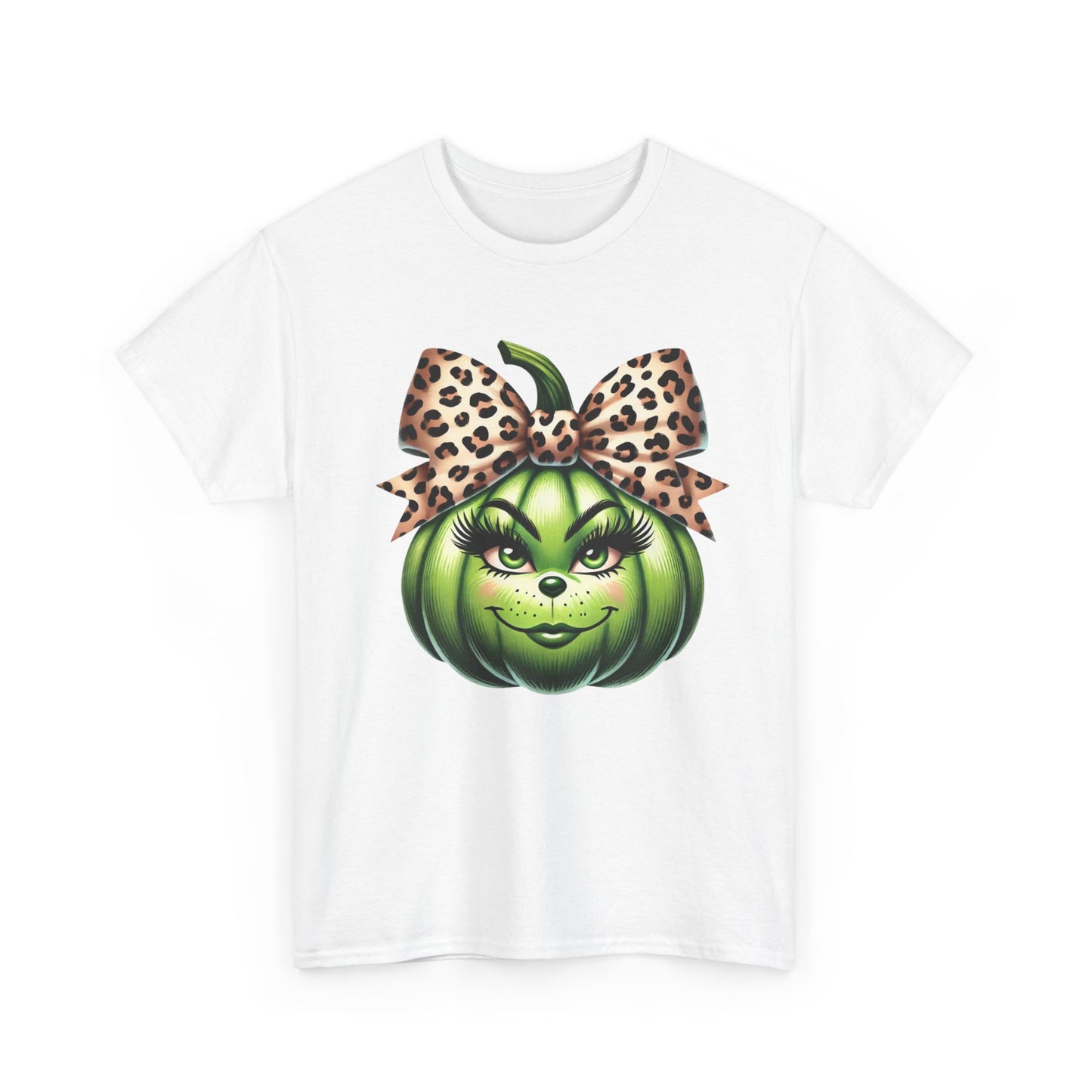 Unisex Heavy Cotton Tee - Feminine Grinch-like Pumpkin with Large Cheetah Print Bow Design