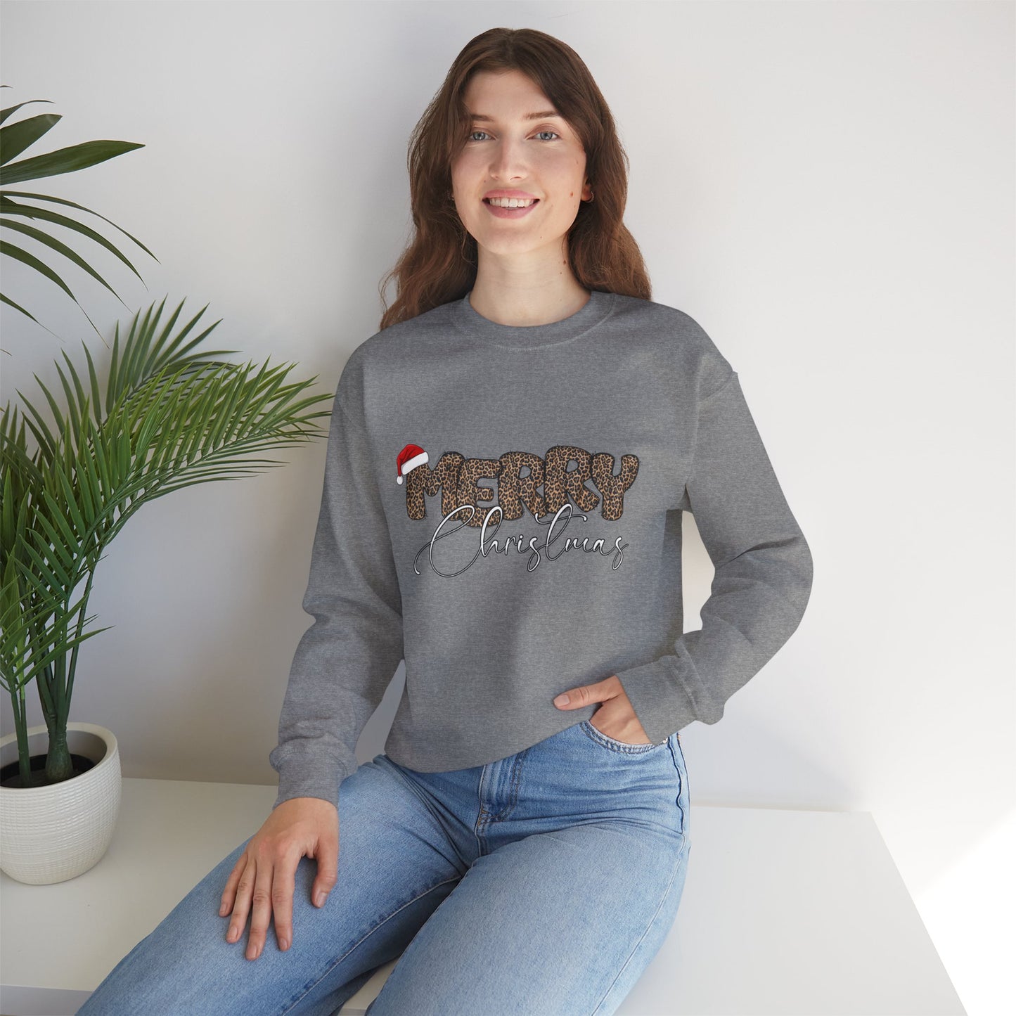 Crewneck Sweatshirt Cheetah Print Doodle Letter Merry Christmas
