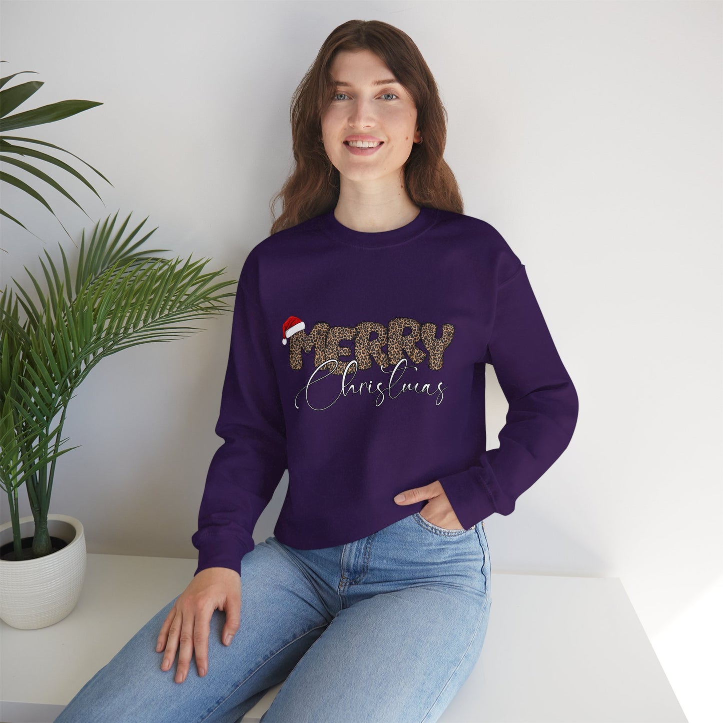 Crewneck Sweatshirt Cheetah Print Doodle Letter Merry Christmas