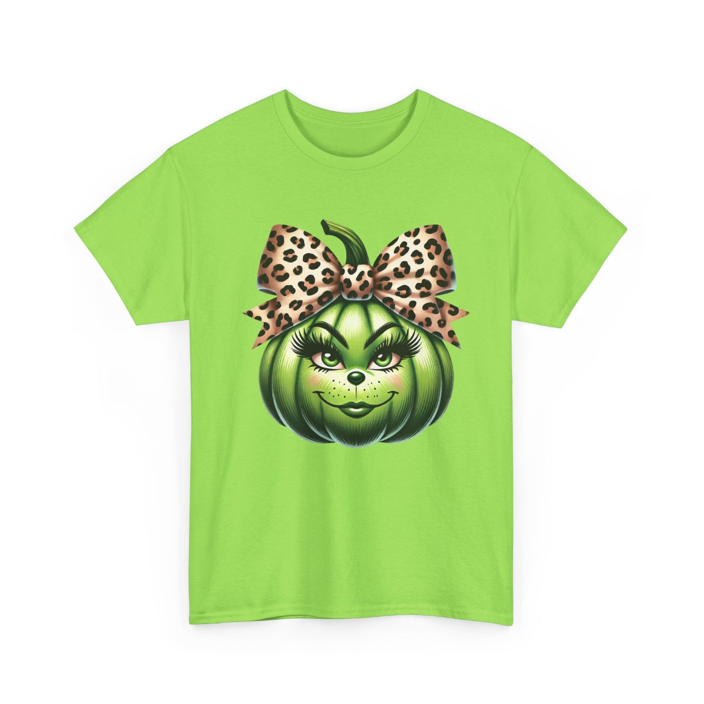 Unisex Heavy Cotton Tee - Feminine Grinch-like Pumpkin with Large Cheetah Print Bow Design