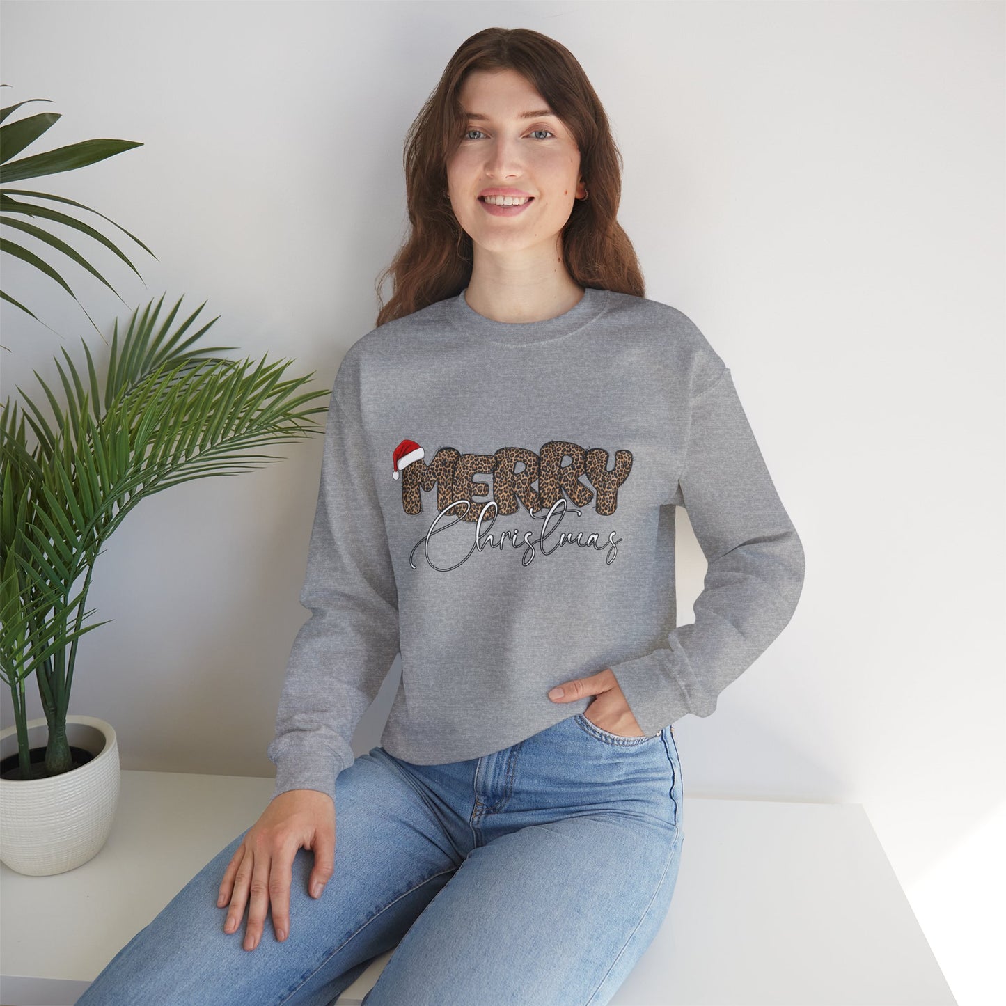 Crewneck Sweatshirt Cheetah Print Doodle Letter Merry Christmas