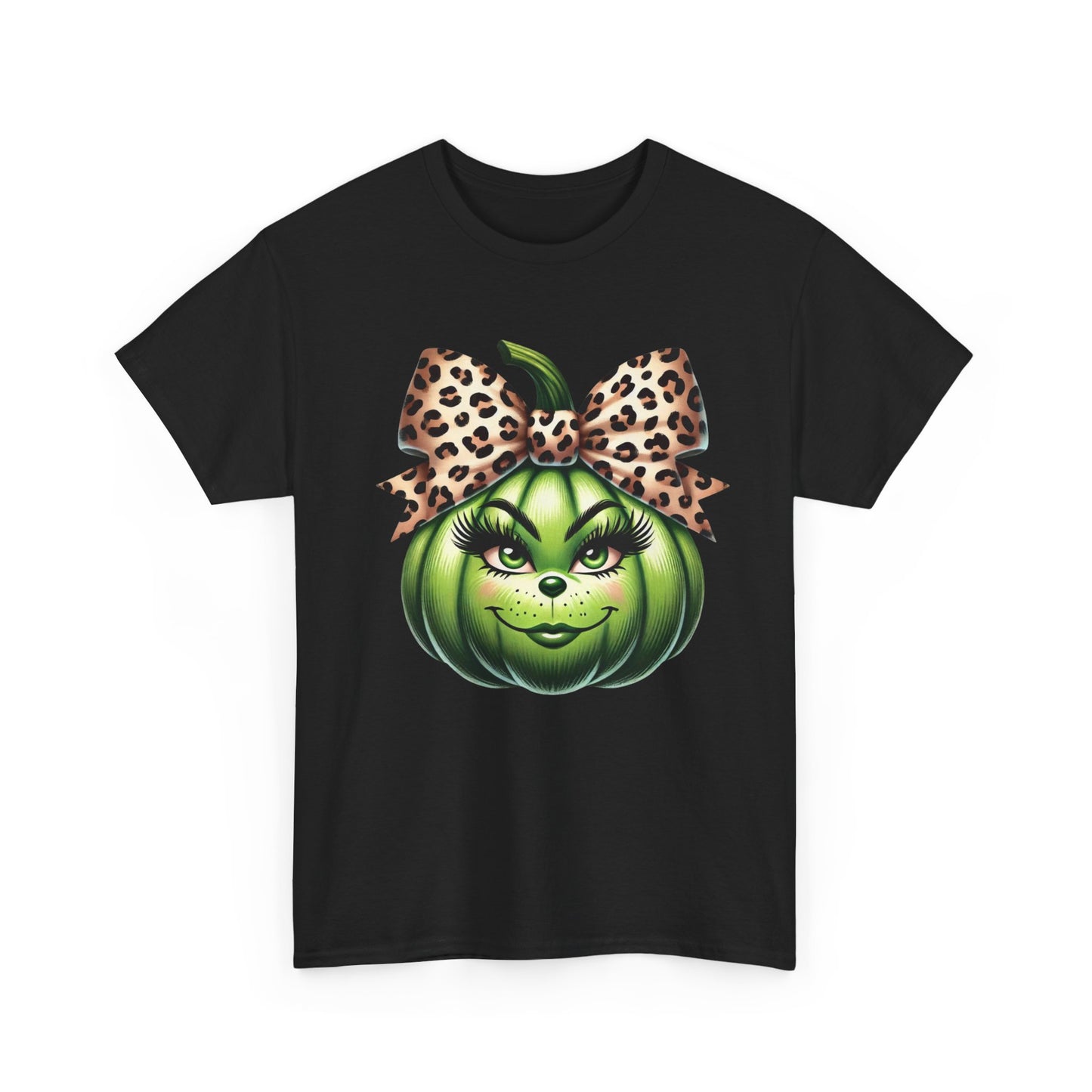 Unisex Heavy Cotton Tee - Feminine Grinch-like Pumpkin with Large Cheetah Print Bow Design