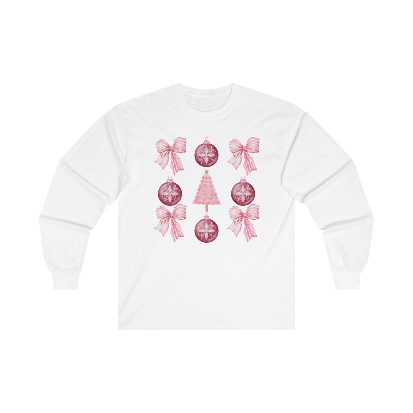 Long Sleeve Tee - Pink 3x3 Bow and Ornament Design