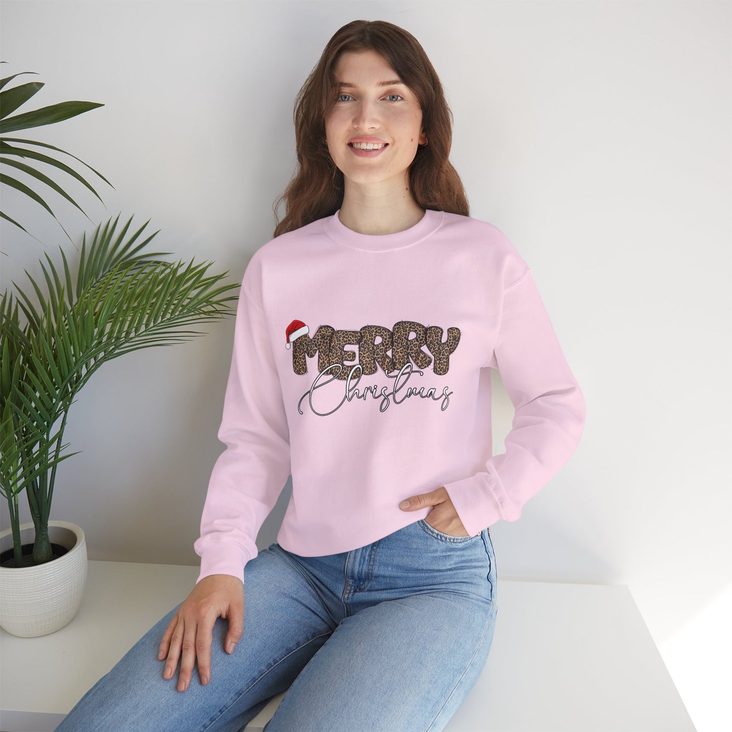 Crewneck Sweatshirt Cheetah Print Doodle Letter Merry Christmas