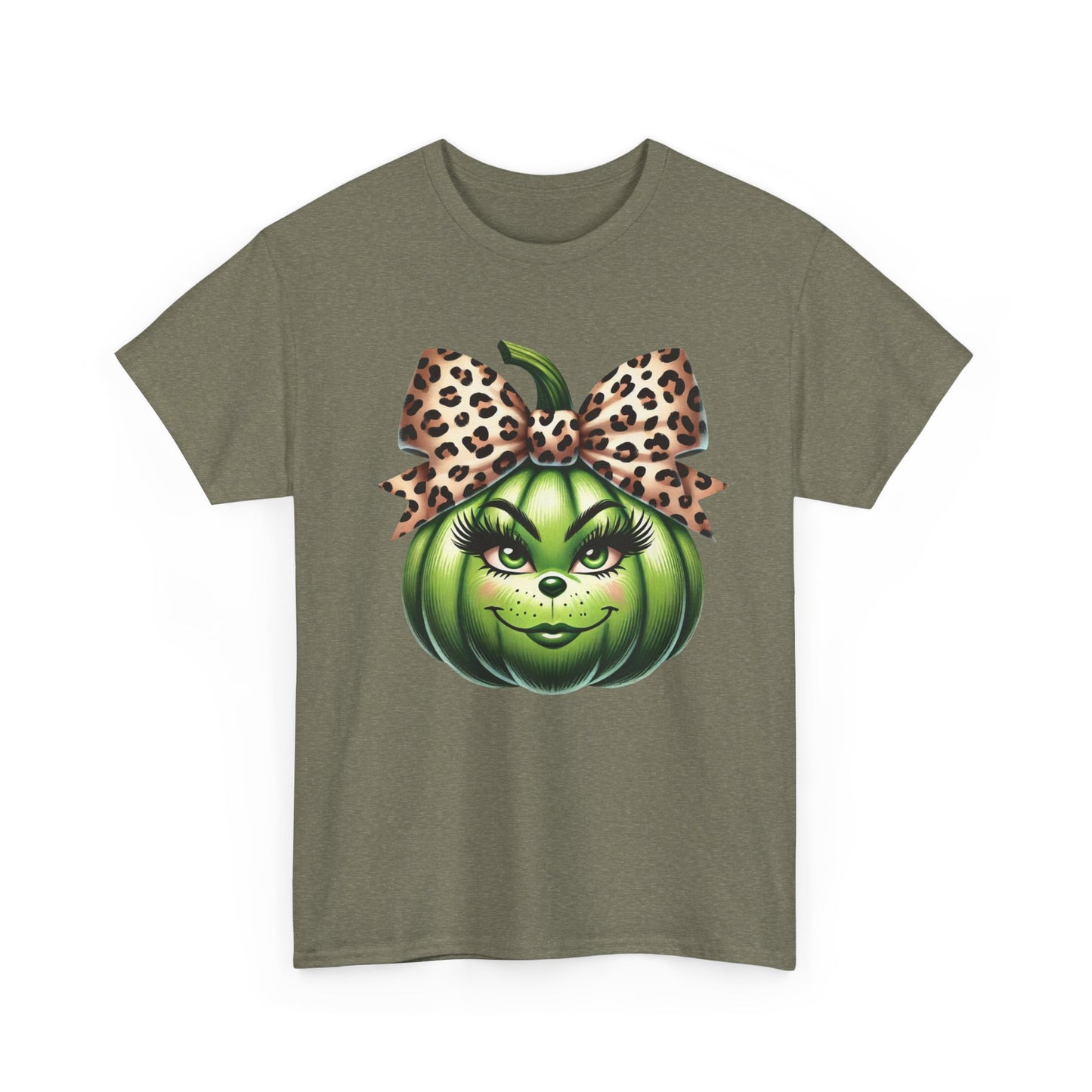 Unisex Heavy Cotton Tee - Feminine Grinch-like Pumpkin with Large Cheetah Print Bow Design