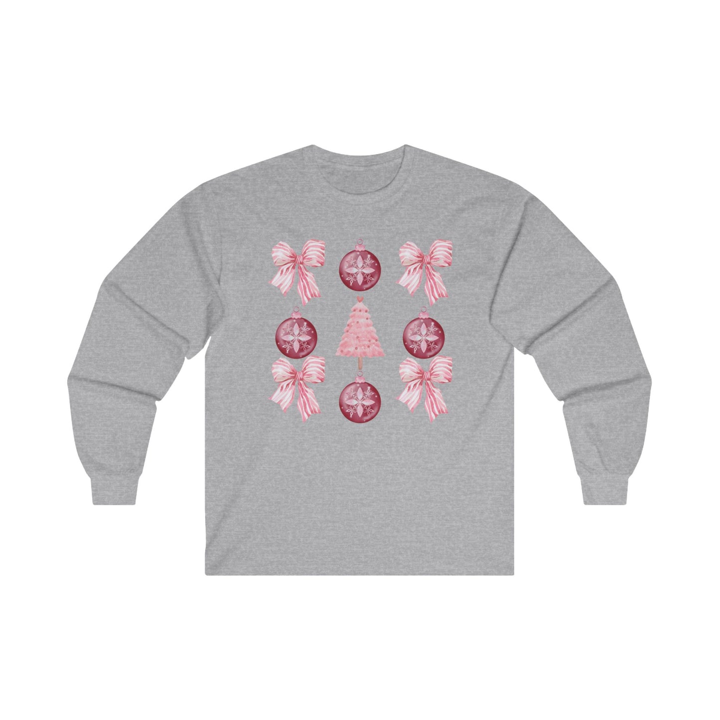 Long Sleeve Tee - Pink 3x3 Bow and Ornament Design