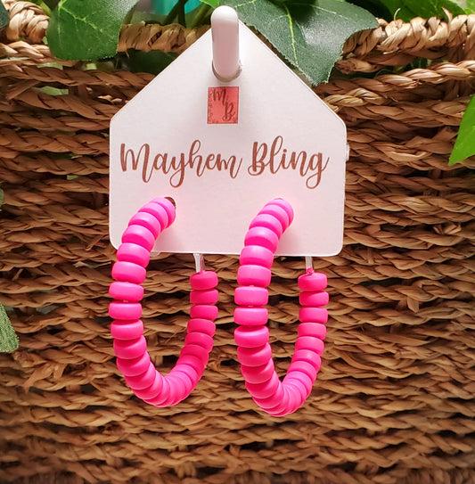 Hot Pink Clay Bead Hoop Earrings | Lightweight Statement Earrings | Hypoallergenic 1.5 Inch Hoops