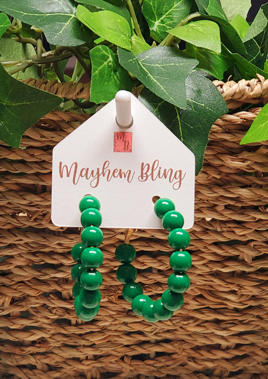 Green Acrylic Bead Hoop Earrings | Lightweight Statement Earrings | Hypoallergenic 1.5 Inch Hoops
