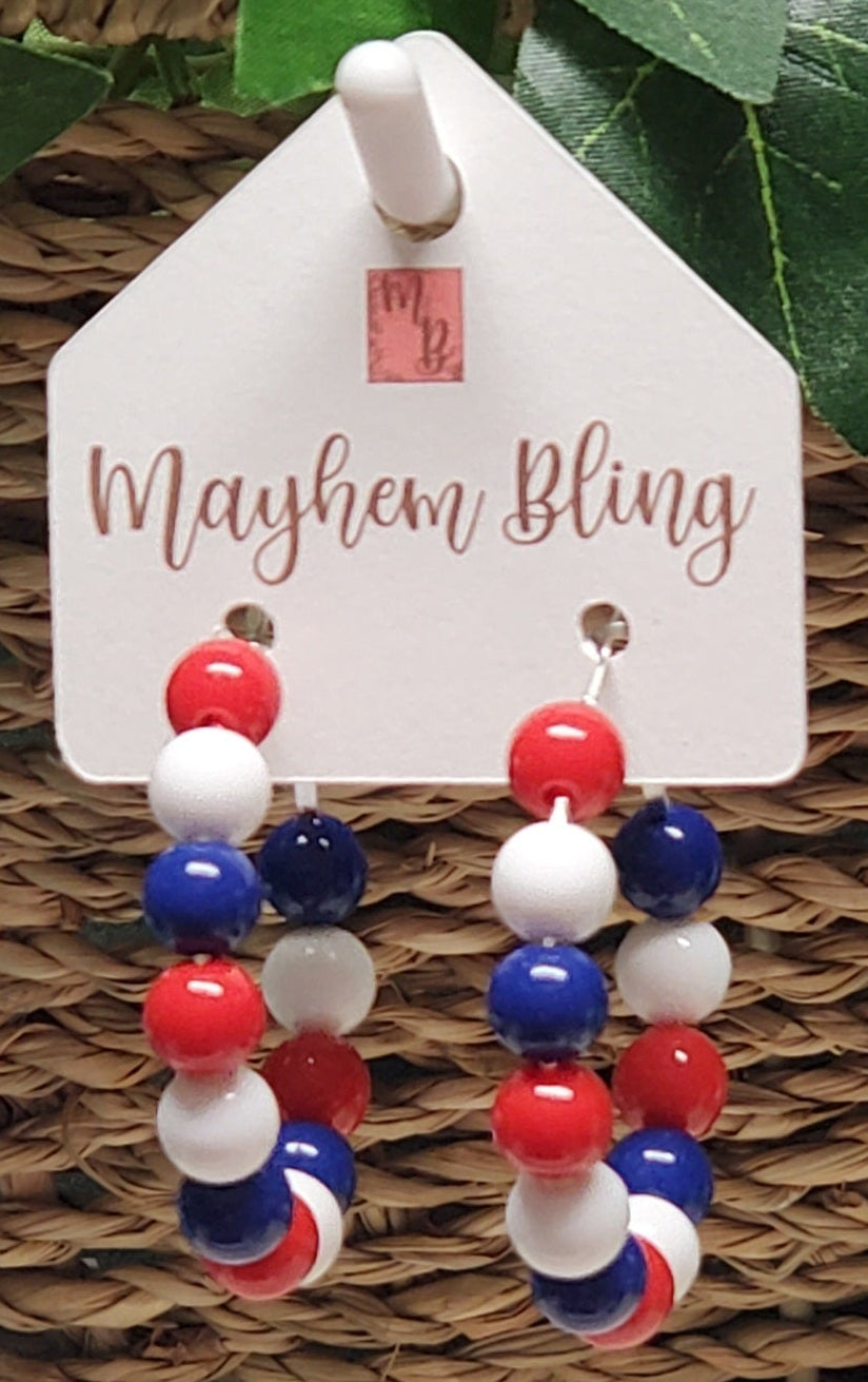 Red, White and Blue Acrylic Bead Hoop Earrings | Lightweight Statement Earrings | Hypoallergenic 1.5 Inch Hoops