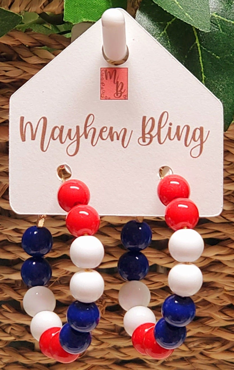 Red, White and Blue Acrylic Bead Hoop Earrings | Lightweight Statement Earrings | Hypoallergenic 1.5 Inch Hoops