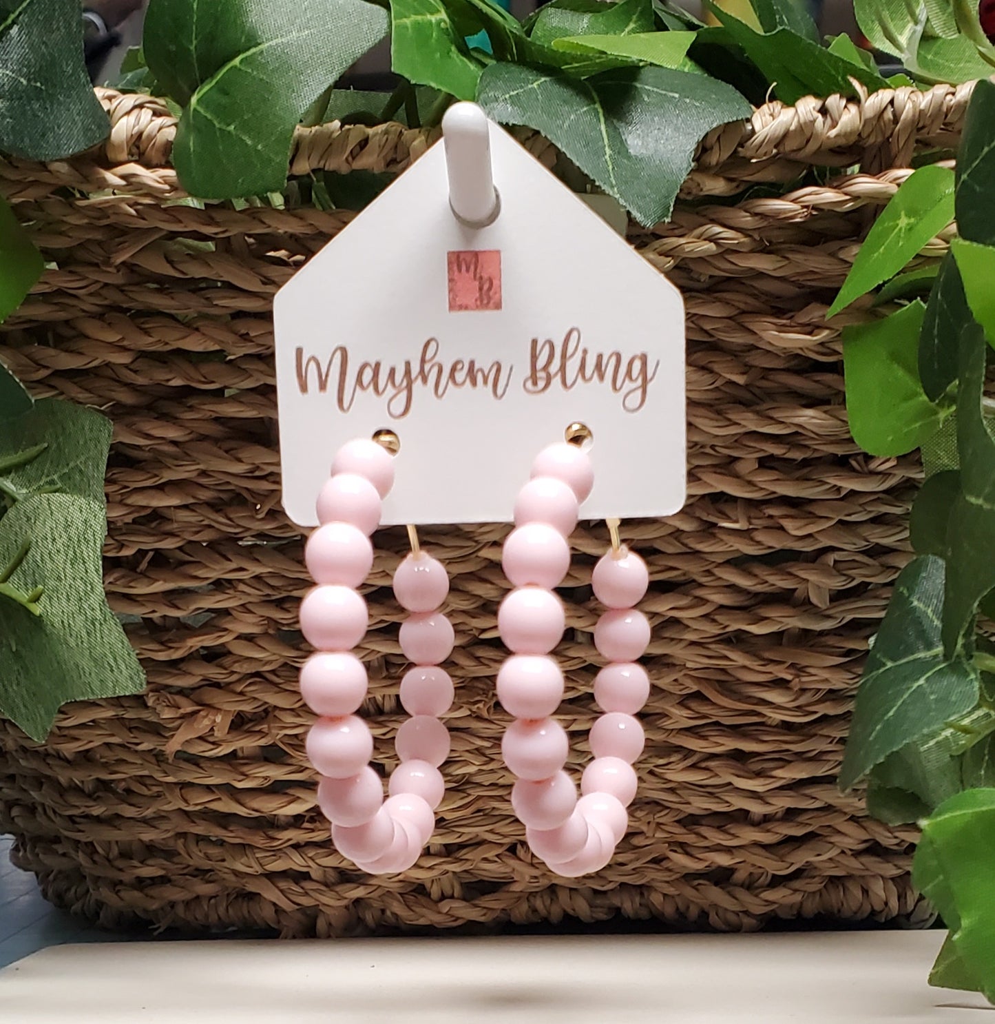 Light Pink Acrylic Bead Hoop Earrings | Lightweight Statement Earrings | Hypoallergenic 2 Inch Hoops