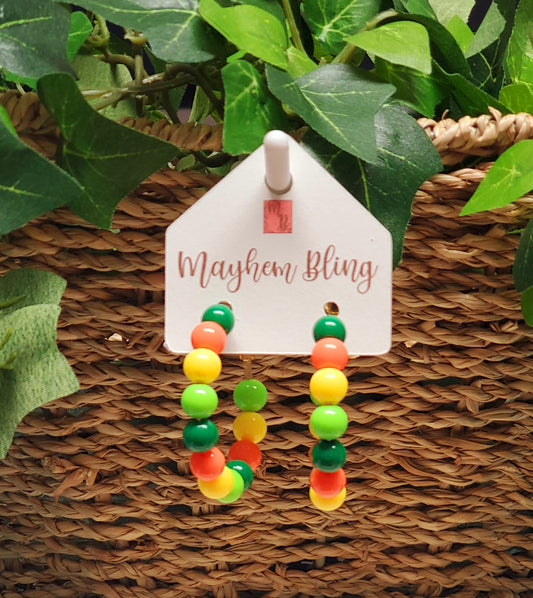 Yellow, Orange and Green Acrylic Bead Hoop Earrings | Lightweight Statement Earrings | Hypoallergenic 1.5 Inch Hoops