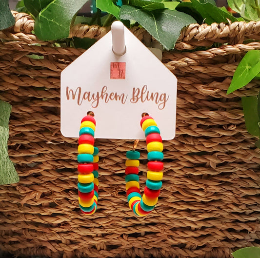 Red, Yellow and Green Clay Bead Hoop Earrings | Lightweight Statement Earrings | Hypoallergenic 1.5 Inch Hoops