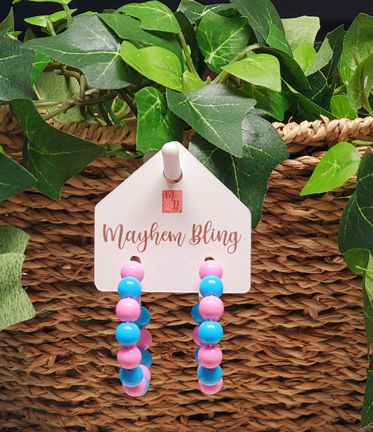 Pink and Blue Acrylic Bead Hoop Earrings | Lightweight Statement Earrings | Hypoallergenic 1.5 Inch Hoops