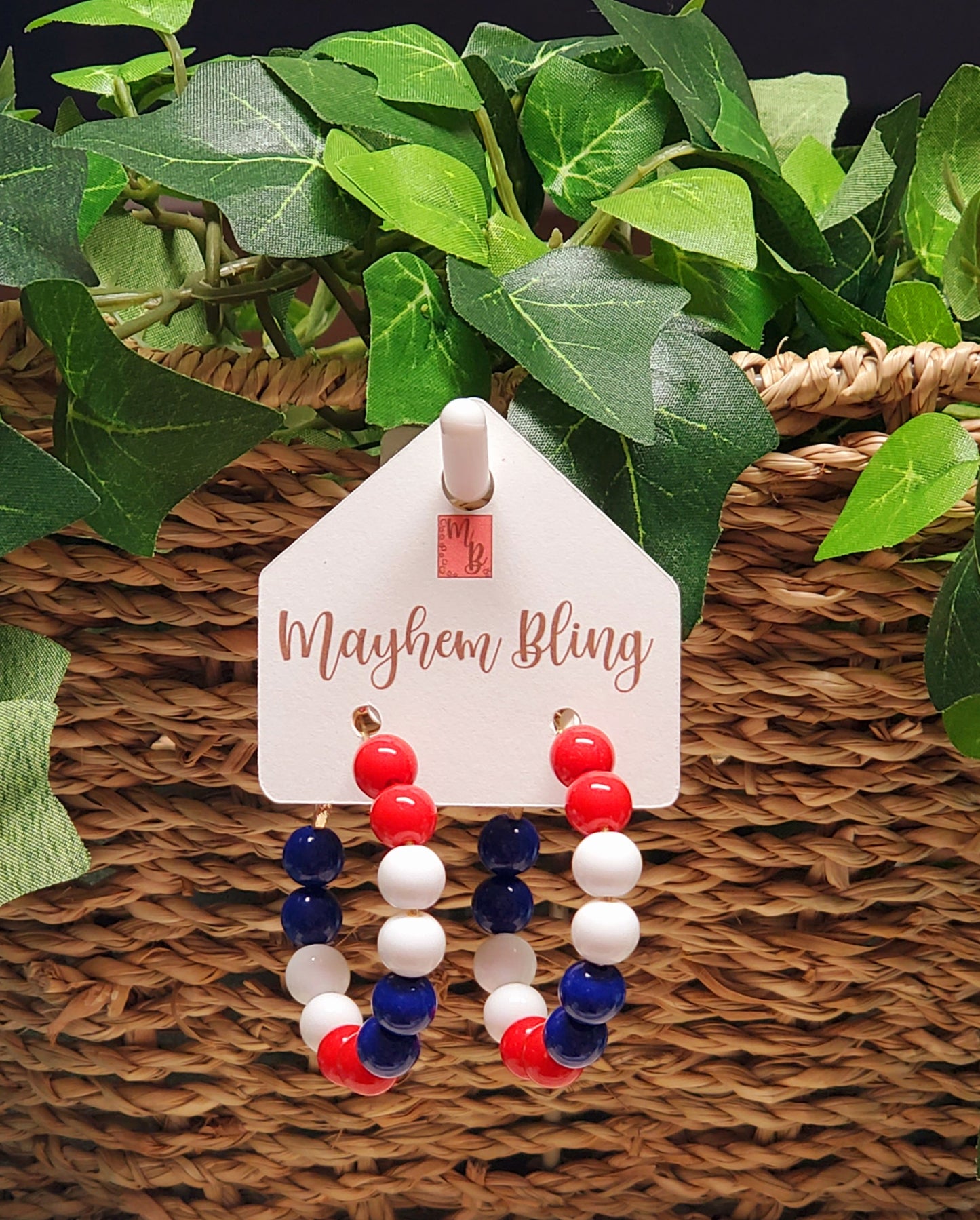 Red, White and Blue Acrylic Bead Hoop Earrings | Lightweight Statement Earrings | Hypoallergenic 1.5 Inch Hoops
