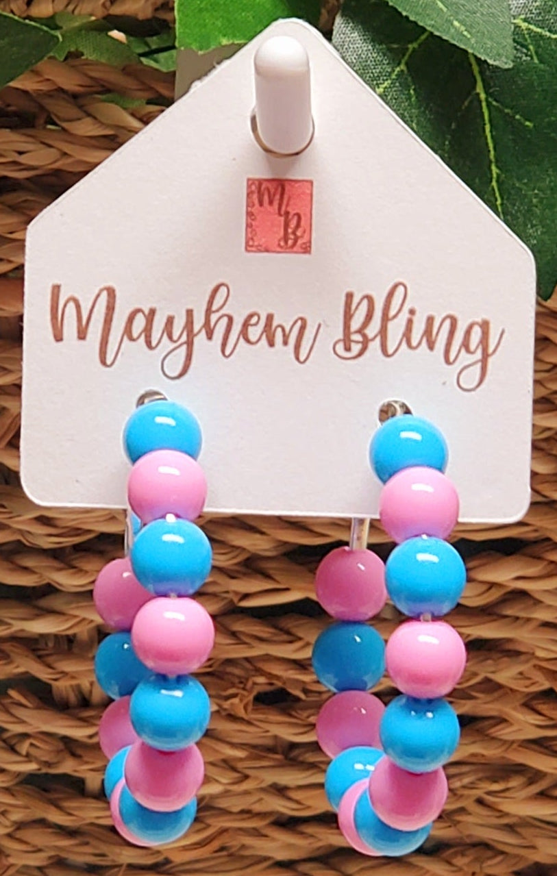 Pink and Blue Acrylic Bead Hoop Earrings | Lightweight Statement Earrings | Hypoallergenic 1.5 Inch Hoops