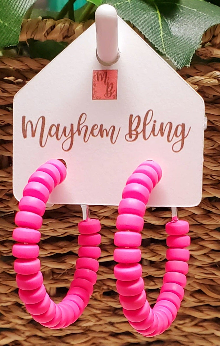 Hot Pink Clay Bead Hoop Earrings | Lightweight Statement Earrings | Hypoallergenic 1.5 Inch Hoops