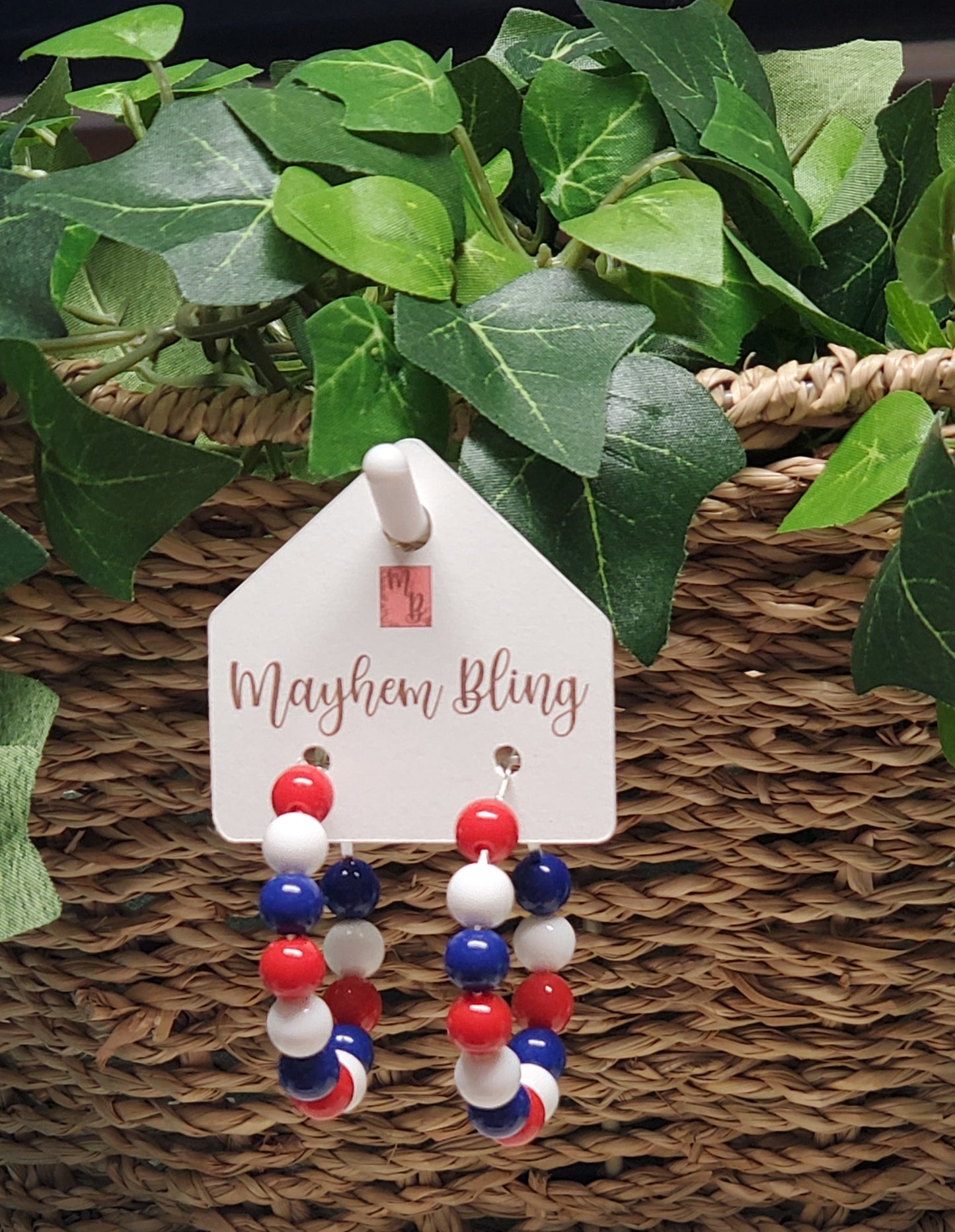 Red, White and Blue Acrylic Bead Hoop Earrings | Lightweight Statement Earrings | Hypoallergenic 1.5 Inch Hoops