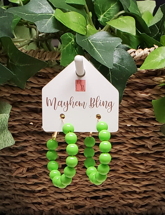 Lime green Acrylic Bead Hoop Earrings | Lightweight Statement Earrings | Hypoallergenic 1.5 Inch Hoops