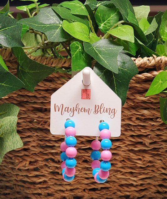 Pink and Blue Acrylic Bead Hoop Earrings | Lightweight Statement Earrings | Hypoallergenic 1.5 Inch Hoops
